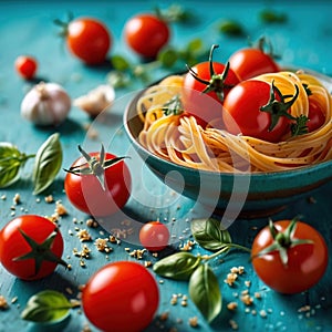 Swirling pasta twists with cherry tomatoes, dynamic food photography