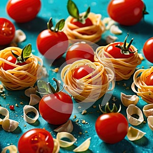 Swirling pasta twists with cherry tomatoes, dynamic food photography