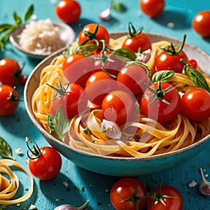 Swirling pasta twists with cherry tomatoes, dynamic food photography