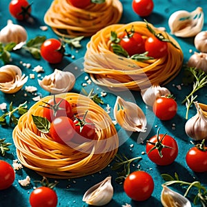 Swirling pasta twists with cherry tomatoes, dynamic food photography