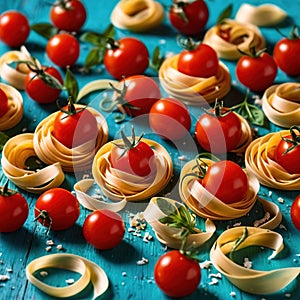 Swirling pasta twists with cherry tomatoes, dynamic food photography