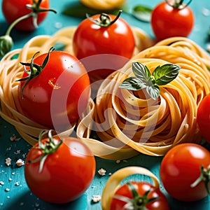 Swirling pasta twists with cherry tomatoes, dynamic food photography