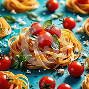 Swirling pasta twists with cherry tomatoes, dynamic food photography