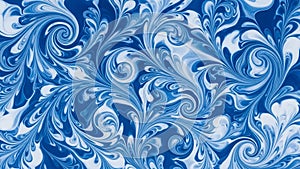 Swirling patterns of blue and white create a marbled effect in an abstract