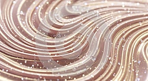Swirling patterns featuring metallic rose-gold waves create an abstract design. Th