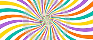 Swirling radial psychedelic background. Groovy vortex spiral twirl. Twirl sunburst pattern. Colorful lollipop texture