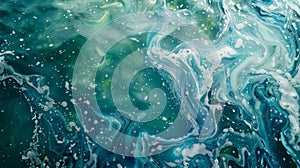 Swirling ribbons of iridescent bluegreen algae blooms float beneath the surface their glistening shimmer reminiscent of