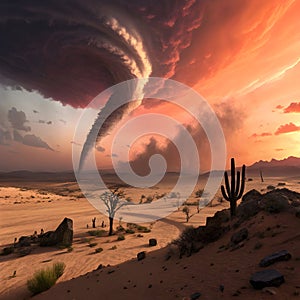 A swirling sandstorm engulfs a barren desert landscape photo