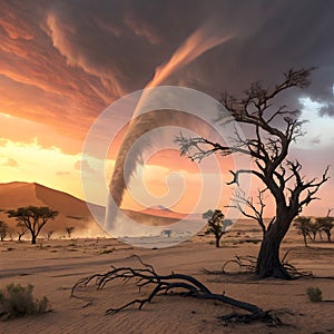 A swirling sandstorm engulfs a barren desert landscape photo