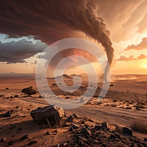 A swirling sandstorm engulfs a barren desert landscape photo