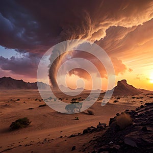 A swirling sandstorm engulfs a barren desert landscape photo
