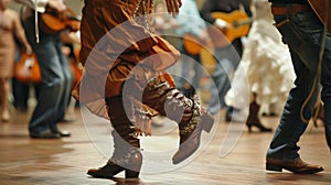 Swirling skirts and leather boots adorn the floor as couples move to the rhythm of the fiddle and guitar photo