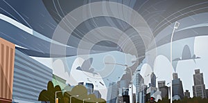 Swirling Tornado In City Destroy Buildings Hurricane Danger Huge Wind Waterspout Twister Storm Natural Disaster Concept