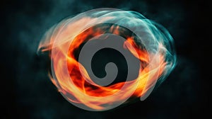 Abstract Fiery Ring of Orange and Teal Smoke on Black Background