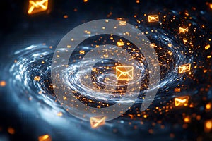 Swirling vortex of glowing envelopes, symbolizing dynamic communication and digital connectivity