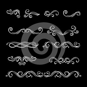 Swirls, curls, flourish filigree elements set. Dividers.Vector illustration. Calligraphy design.