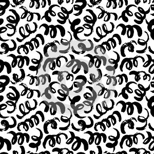 Swirls and curls vector seamless pattern. Grunge black paint brush strokes. Curly hair imitation doodle ornament.