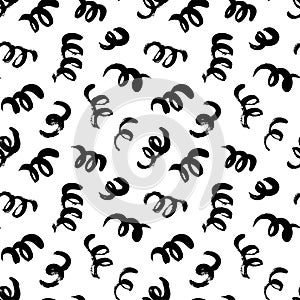 Swirls and curls vector seamless pattern. Grunge black paint brush strokes. Curly hair imitation doodle ornament.