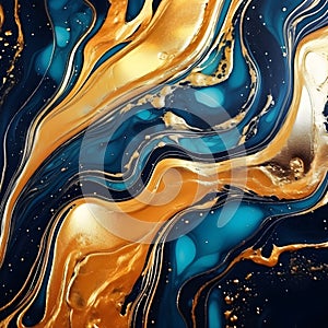 Swirls of liquid blue and golden paints. Abstract waves skin wall luxurious art ideas. Swirls of marble or the ripples of agate.