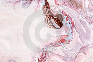 Swirls of marble or the ripples of agate. Liquid marble texture with pink, white and brown colors. Abstract painting