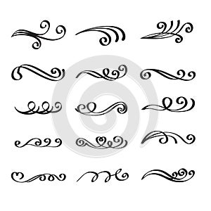 Swirly line curl patterns isolated on white background. Vector flourish vintage embellishments for greeting cards. Collection of