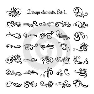 Swirly line curl patterns isolated on white background. Vector flourish vintage embellishments for greeting cards