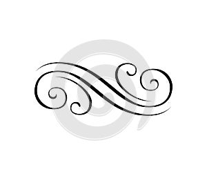 Swirly line, filigree ornamental eleent. Engraving border. Calligraphic design elements, page decoration. Vector
