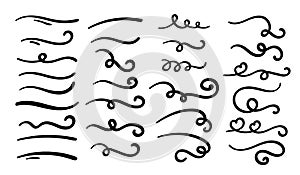 Swish doodle underline set. Hand drawn swoosh elements, calligraphy swirl or sport swoop text tails, Swash decorative