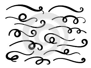 Swish doodle underline set. Hand drawn swoosh elements, calligraphy swirl or sport swoop text tails. Swash decorative