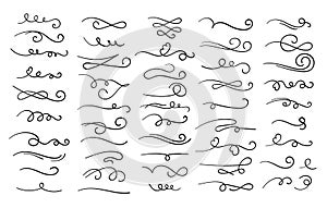 Swish doodle underline set. Hand drawn swoosh elements, calligraphy swirl or sport swoop text tails, Swash decorative