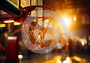 Swish! The Perfect Shot: Basketball Soaring Through the Net in a Vibrant Basketball Court