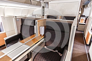 Swiss Airbus A340-300 airplane Business Class cabin Zurich Airport in Switzerland