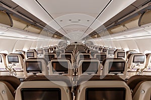 Swiss Airbus A340-300 airplane Economy Class cabin Zurich Airport in Switzerland