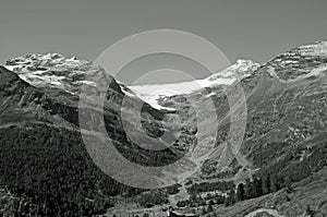 Swiss alps: panoramic mountain view from Alp GrÃ¼m on Bernina Pass