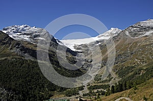 Swiss alps: panoramic mountain view from Alp GrÃ¼m on Bernina Pass within the upper Engadin