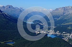 Swiss Alps: panoramic-view from Muotas Muragl to the glacier lakes in the upper Engadin photo