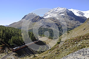 Swiss Alps: The RhÃÂ¤tische Railway on it`s way from Pontresina t photo