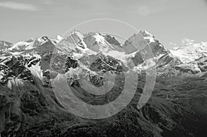 Swiss Alps: Snow mountain Panorama from Julier in the upper Engadin