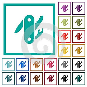 Swiss army knife flat color icons with quadrant frames