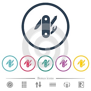 Swiss army knife flat color icons in round outlines