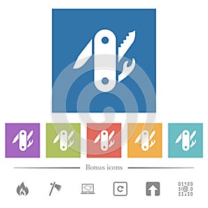 Swiss army knife flat white icons in square backgrounds
