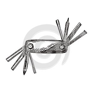 Swiss army knife hand drawn black and white vector illustration