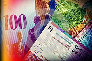 Swiss bank notes are one hundred, ten, twenty francs.