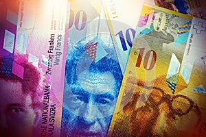 Swiss bank notes are one hundred, ten, twenty francs.