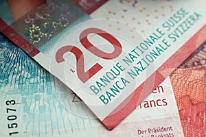 Swiss bank notes of twenty francs texture