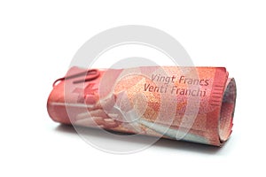 Swiss bank notes of twenty francs on white background