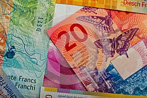 Swiss banknotes - a collection of old and new twenty franc notes