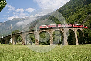 Swiss Bernina express train at the Brusio Circular Viaduct
