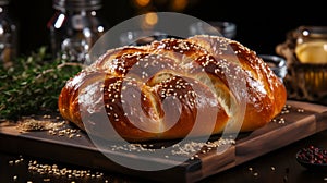 Swiss braided zopf bun with sesame seeds on a wooden table. Homemade pastries close-up. AI generated