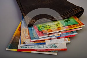 Swiss cash paper bills are in the old wallet.